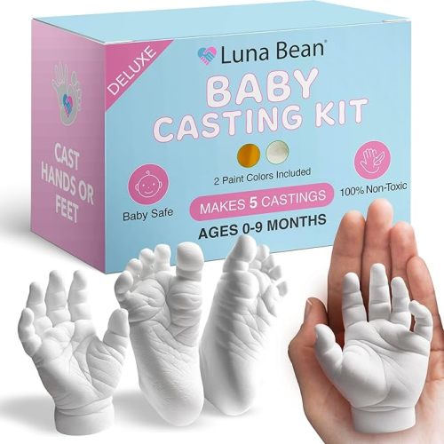 Luna Bean Deluxe Baby Keepsake Hand Casting Kit - Hand Mold Casting Kit for Infant Hand & Foot Mold - Baby Casting Kit for First Birthday, Christmas & Newborn Gifts - Includes Gold and Pearl Paint. - 5 Castings Kit