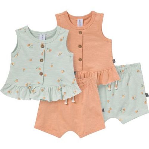Modern Moments™ By Gerber Baby Girls' 4-piece Sleeveless Peplum Tops And Shorts Set, Lt Rose Flower Bunches/rose, 3-6m