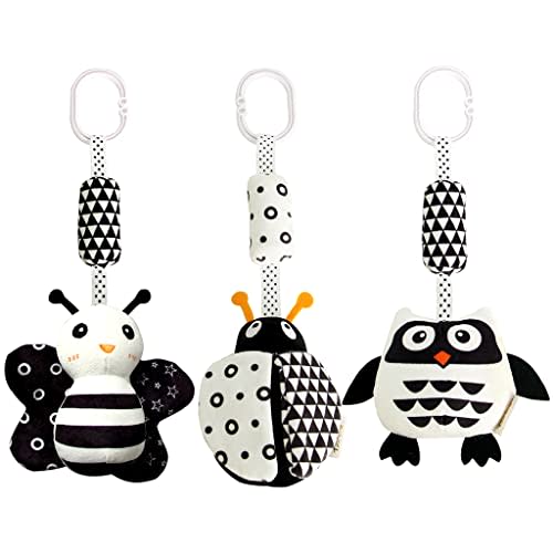 AIPINQI 3 Pack Hanging Rattle Toys,High Contrast Baby Toys and Plush Stroller Toys for Babies 0-18 Months,Newborn Car Seat Toys with Black and White Cartoon Shapes,(Ladybug,Bee & Owl)