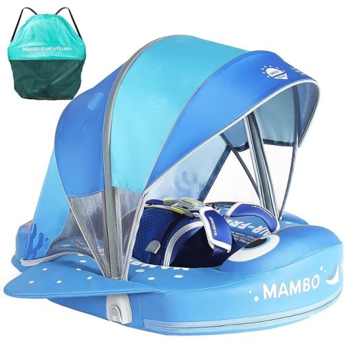 Mambobaby Float with Canopy and Tail New Upgraded Non-Inflatable Baby Pool Float Mambo Float Swim Trainer Solid Infant Swim Float Adjustable Pearl Foam Baby Swim Ring