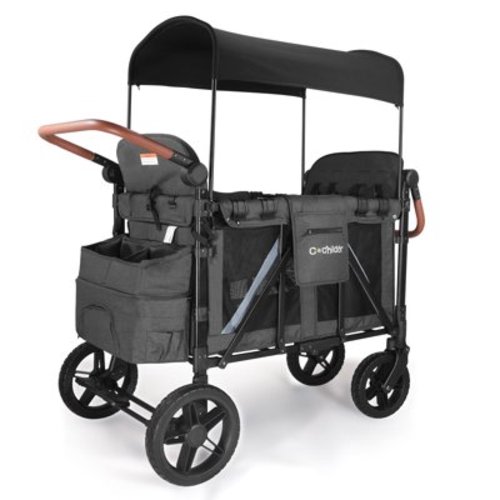 Cochildor 4 Seater Wagon Stroller, Foldable Stroller Wagon for 4 Kids, with Canopy, 5 Point Harness, Adjustable Handlebars, Dark Grey
