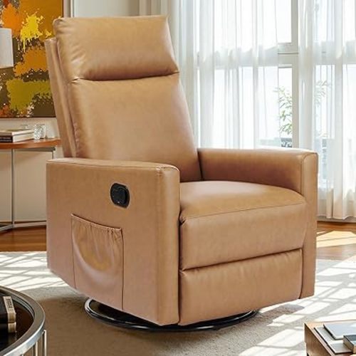 Sweetcrispy Recliner Chair, 360 Swivel Rocker Chair for Adults, Glider Rocker Recliners, Nursery Chairs for Living Room, High Back, Upholstered Deep Seat,Brown