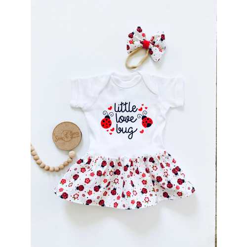 Love bug infant clothing, love bug toddler clothing, Love bug ruffled onesie set & coordinating headbow