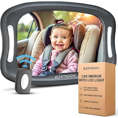 EZI Mirror LED - Rear Seat Baby Mirror with Remote-Controlled LED Light - XL Acrylic Surface - 360° Swivel - Adjustable Straps - Fits Most Headrests