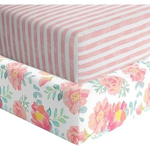 Featherhead™ 2-Pack Fitted Crib Sheets - 100% Cotton - 52" x 28" x 9" for Standard Crib and Toddler Mattress (Jersey Garden Floral)