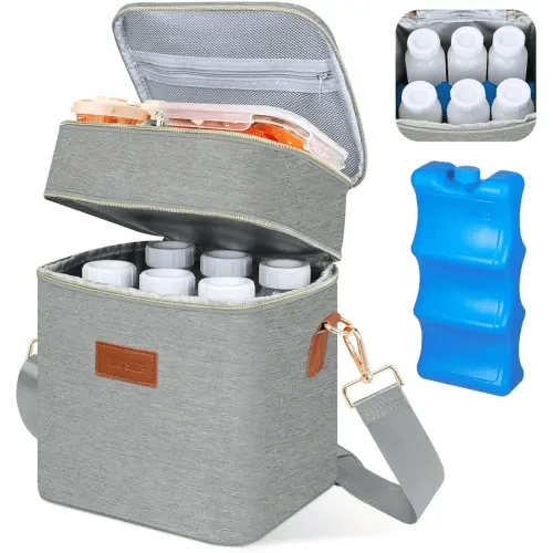 PIIOSER Breastmilk Cooler Bag with Ice Pack Fits 6 Baby Bottles Up to 9 Ounce, Insulated Baby Bottle Tote Bags, Double Layer Waterproof Leak-Proof with Shoulder Strap for Nursing & Working Mom (Grey)