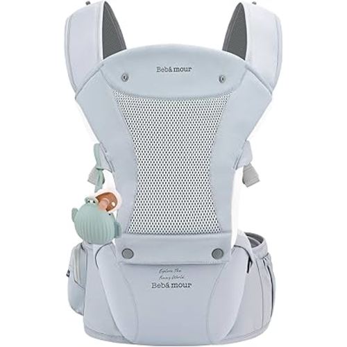 Bebamour Baby Carrier with Hip Seat,All-Position Breathable Mesh Hip Seat & Carrier 0-36Months with Head Hood, 3 PCS Teething Pads, Waist Extender,Storage Bag & Pacifier Case (Blue)
