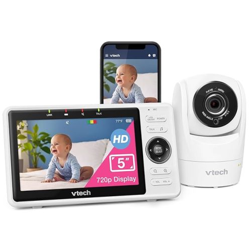 VTech Upgraded Smart WiFi Baby Monitor, 1080p FHD Camera and 5" HD IPS Display, Free App with Motion Video, Sound/Motion Detection and Notifications, Fully Remote Pan-Tilt-Zoom: VM901