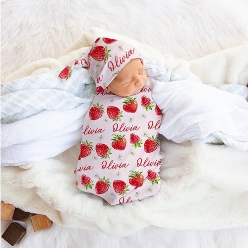 Pink Strawberry Swaddle With Name, Personalized Newborn Baby Girl Swaddle Set, Hospital Outfit Girl, Summer Fruit Custom Baby Blanket