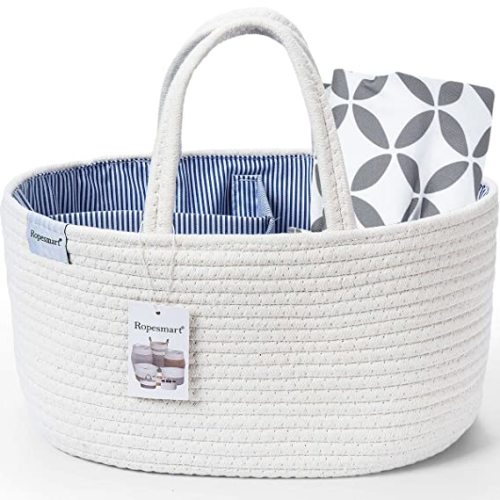 Ropesmart Baby Diaper Caddy Organizer, Portable Diaper Caddy,Cotton Rope Shower Gift Basket,Diaper Storage Basket for Changing Table & Car with Removable dividers,Portable Changing Pad inc(White)