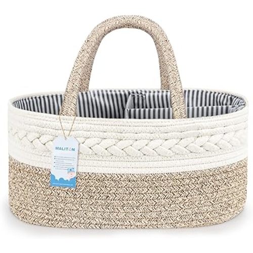 Maliton Extra Large Baby Diaper Caddy Organizer, Cotton Rope Nursery Basket, Portable Diaper Organizer for changing table, Car, Diaper Storage Organizer for Baby Stuff, Baby Shower Gifts for Newborn