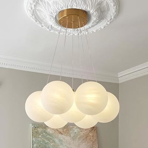 7-Lights Milk Glass Bubble Chandeliers Lighting, Modern Nordic Large Globe Chandelier Mid-Century Ball Pendant Light Fixture for Bedroom, Living Room, Dining Room, Entry, Island