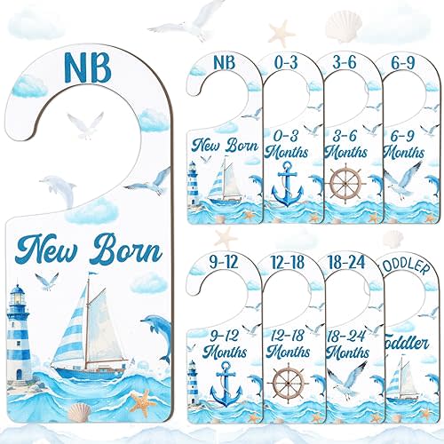 Baby Closet Dividers 8PCS, Nautical Themed Wooden Double-Sided Clothes Size Hanger/Organizer from Newborn to Toddler for Nursery Decor Baby Shower Birthday Gender Reveal Party Gift