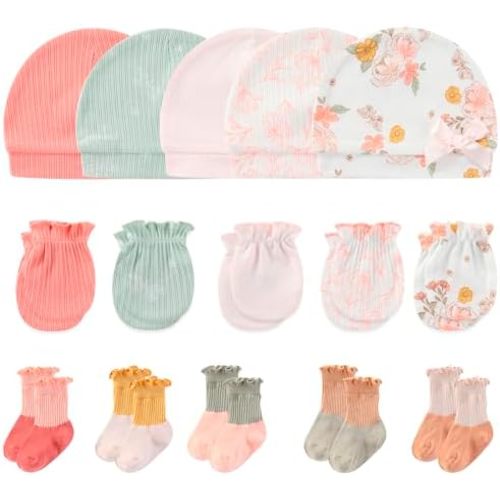 Newborn Baby Boy Girl Caps Mittens Socks Set Cotton Baby Essentials Accessories (Hats+Gloves+Socks)