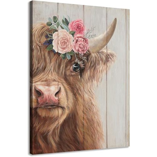 Yelash Highland Cow Canvas Wall Art Farmhouse Animal Picture Wall Decor, Funny Cow Flower Painting Poster Mural for Bedroom 10 x 15