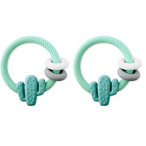 Itzy Ritzy Silicone Teether with Rattle; Features Rattle Sound, Two Silicone Rings and Raised Texture to Soothe Gums; Ages 3 Months and Up; Cactus (Pack of 2)