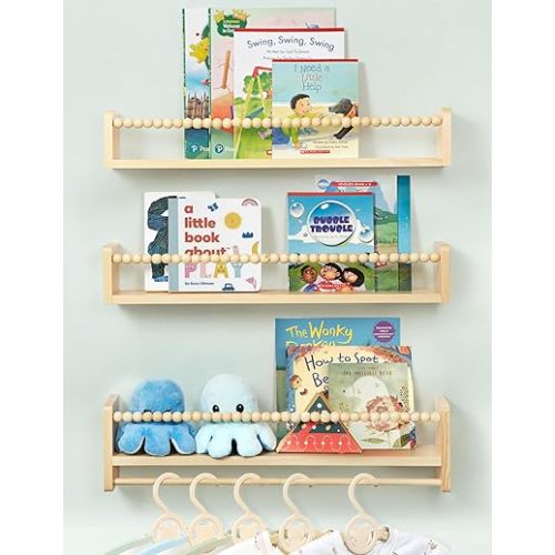 23 Inch Nursery Book Shelves, Natural Wood Nursery Floating Shelves Wall Mount Kids Bookshelves Hanging Storage Organizer Nursery Shelves Boho Decor for Kids Room Playroom Bedroom Kitchen