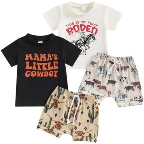 Toddler Baby Cowboys Outfits Western Cow Print Short Sleeves Shirt+Elastic Shorts Baby Boy Casual Summer Clothes Set
