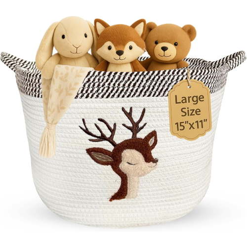 Deer Nursery Storage Basket – Large 15”x11” Cotton Rope Bin with Felt Animal Patch – Baby-Safe Toy Organizer, Laundry Hamper, Diaper & Towel Holder, Foldable & Washable