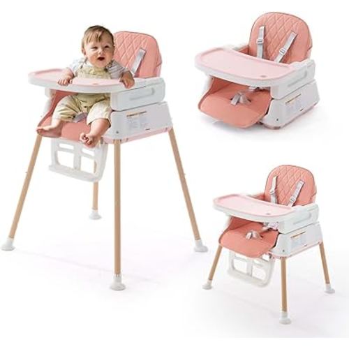 3 in 1 Baby High Chair, Portable High Chairs for Babies and Toddlers, Adjustable Convertible Infant Baby Feeding Chair Booster for Eating with Detachable Double Tray, 5 Point Harness, Footrest Pink