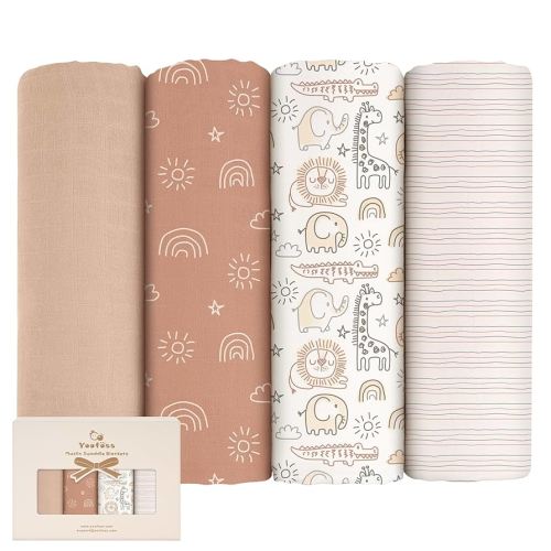Yoofoss Muslin Swaddle Blankets, 4 Pack Receiving Blankets for Boys and Girls, 47 x 47 Inches Muslin Baby Blankets Soft Breathable - Brown Animals