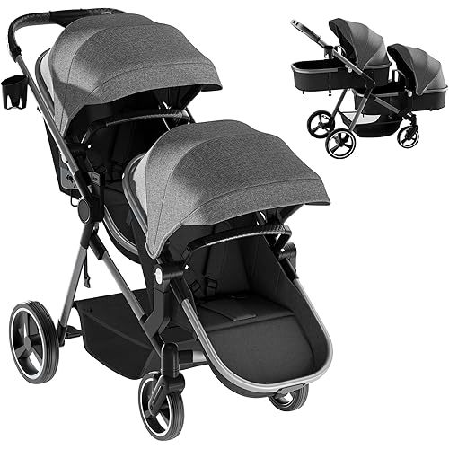 MU Double Stroller, Foldable Twin Tandem Stroller with Adjustable Backrest, Reversible Seat, 5-Point Harness, Storage Basket, Convertible Baby Bassinet for Infant and Toddler, Gray