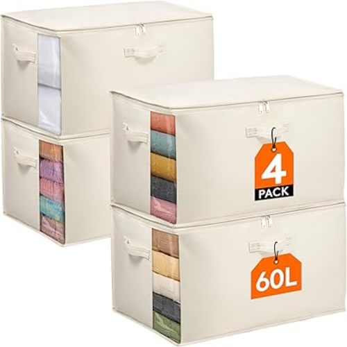 Lifewit Canvas Cotton Comforter Storage Bags with Zipper 4 Pack, 60L Breathable Foldable Clothing Containers, Linen Sweater Organizers Boxes for Clothes, Blankets, Pillows, Duvets, Bedding
