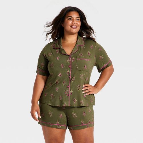 Women's Cloud Knit Modal Short Sleeve Notch Collar Top and Shorts Pajama Set - Auden™ Olive Green M