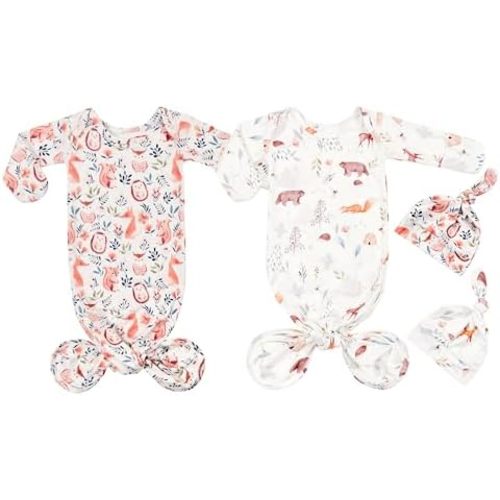 Newborn Baby Boy Outfits Knotted Gown Sets Nightgown Soft Sleeper Gown with Hat Set for Baby -2 Pieces