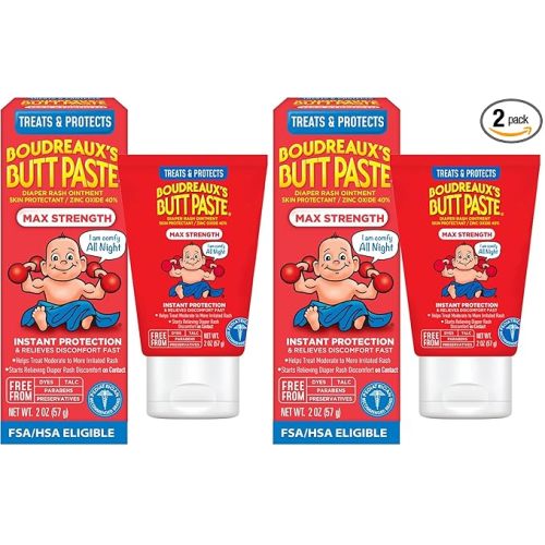Boudreaux’s Butt Paste Max Strength Diaper Rash Cream for Baby, Ointment With Zinc Oxide, 2 oz Tube (Pack of 2)