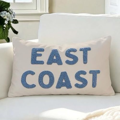 Blue Coastal Tufted Embroidery Throw Pillow Cover 12x20, Coastal Room Decor, Blue Dorm Decor, Preppy Trendy Retro East Coast Coquette Decor for College Sofa Couch - Tufted (Beige)