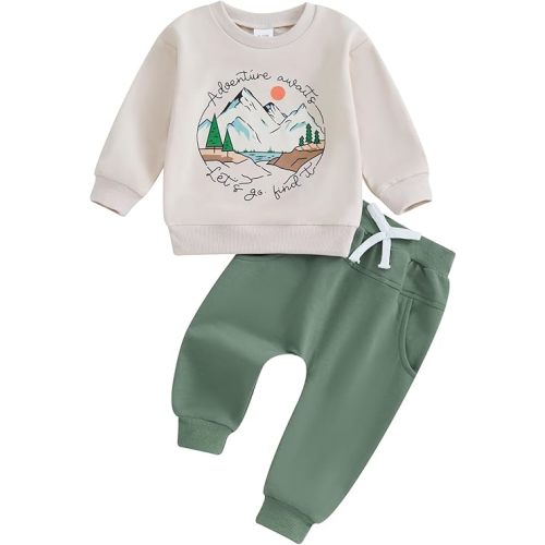 Fall Winter Outfit Toddler Baby Boy Nature Adventure Awaist Long Sleeve Sweatshirt Jogger Pants 2Pcs Clothes Set