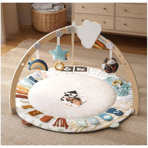 Blissful Diary Baby Play Gym & Activity Mat, 5 Developmental Zones Wooden Tummy Time Mat with 5 Detachable Sensory Toys for Motor Skills & Sensory Development, Baby Essentials Shower Gift
