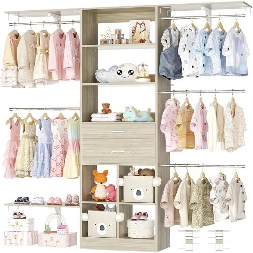 5FT Closet System, Baby Closet Organizer System with Wooden Drawers, 60 Inches Walk in Closet System with 5 Hanging Rods and 3 Reversible Hanging Shelving, Color: Greige Oak