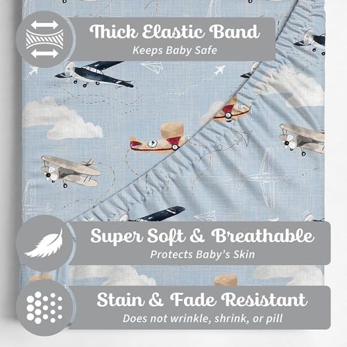 Crib Sheets Neutral - Fitted Baby Crib Sheets Bed for Girl Boy - 2 Pack Standard & Toddler Mattress - Buttery Soft Organic Cotton Blend (Watercolor Airplanes and Clouds)