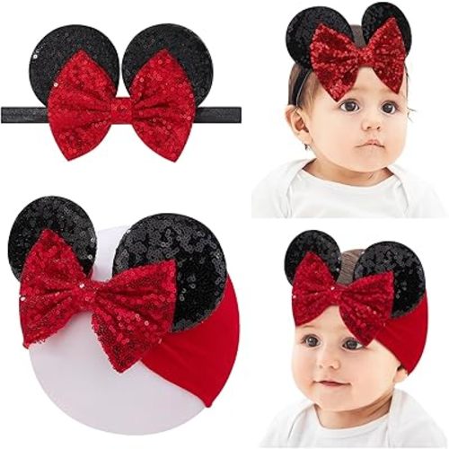 choicbaby Baby Girl Headbands Mouse Ears Headwrap with Sequin Polka Dot Bow Soft Stretchy Nylon Hair Bands for Newborn Infant Baby Toddler Girls- Pack of 2