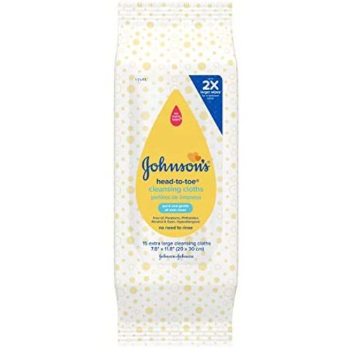 Johnson's Head-to-Toe Gentle Baby Cleansing Cloths, Hypoallergenic and Pre-Moistened Baby Bath Wipes, Free of Parabens, Phthalates, Alcohol, Dyes and Soap, 15 ct