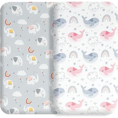 Bassinet Bed Sheet Set 2 Pcs Fits Rectangle Oval Halo Hourglass Mattress Stretch Bassinet Bed Sheet Soft and Comfy (Deer Park) (Rainbow White)