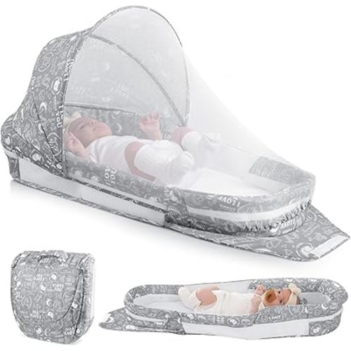 Portable Baby Lounger Bag, Foldabl Babies Nest with 2-in-1 Removable Mosquito Net, Infant Travel Nest Lounger, Easy Setup and Storage for Outdoors Indoors - Baby Registry(Gray)