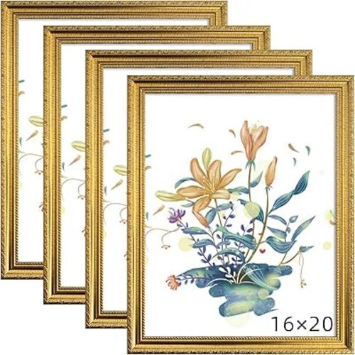 BESCRCL 16x20 Picture Frame Gold, Frames for Wall Display, Rustic Vintage Photo Frame with Shatterproof Crystal Acrylic, 4 Pack