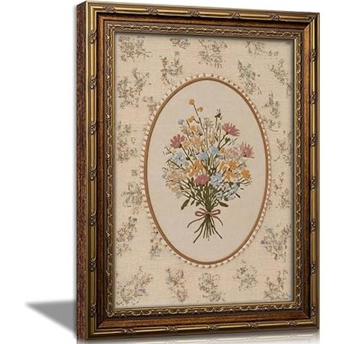 Vintage Gold Framed Wall Art, Cottagecore Pink Wildflower Bouquet Picture Wall Decor, Rustic Farmhouse Flowers Botanical Canvas Poster Artwork, for Nursery Living Room Bedroom