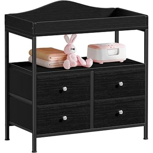 BOLUO Black Changing Table Dresser with 4 Fabric Drawers and Open Shelf, Baby Dresser with Changing Table Top Diaper Changing Station with Storage for Nursery Modern