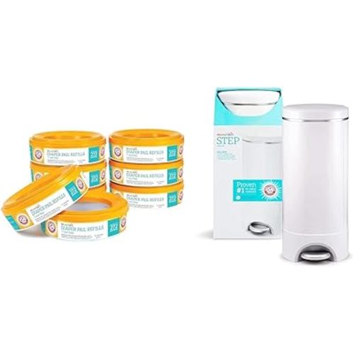 Munchkin® Step™ Diaper Pail Powered by Arm & Hammer, #1 in Odor Control, Award-Winning, Includes 1 Snap, Seal & Toss™ Bag, 8 Refill Rings, 1 Starter Refill Ring, and 1 Puck™ Baking Soda Cartridge