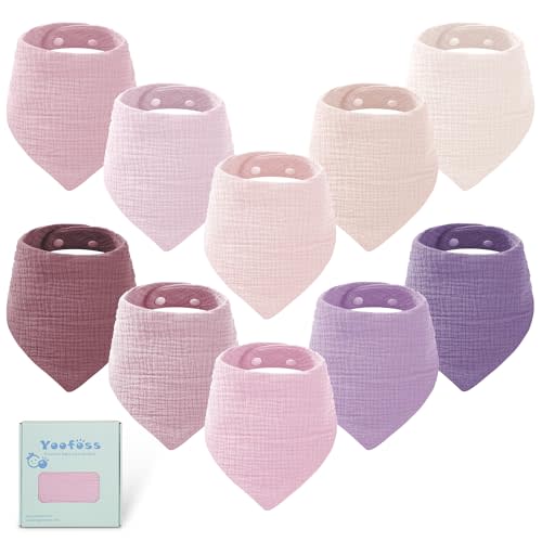 Yoofoss Muslin Baby Bibs 10 Pack 100% Organic Cotton 6-Layer Soft Absorbent Drool Bandana Baby Bibs for Drooling and Teething for Boys and Girls, Gradient Purple