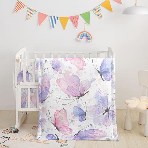 Crib Bedding Set,3pcs Nursery Gradient Butterfly Printed Crib Bedding Set,with Comforter Sheet & Skirt for Baby Boys and Girls(Butterfly-2)