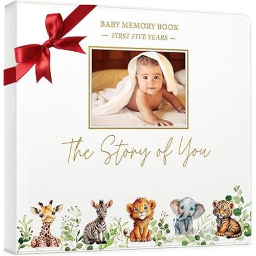 Baby Book Keepsake - Timeless Baby Memory Book for Boy or Girl I First 5 Year I Faux Leather, Gender Neutral, Safari Theme w/Gold Foil Stamp - Baby First Year Book Journal Scrapbook Photo Album Shower