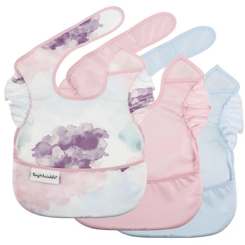 Tiny Twinkle Mess Proof Baby Bibs for Eating - Waterproof, Wipeable Bibs - Toddler Bibs - Travel Friendly - PFAS, PVC, BPA, Phthalate Free - Baby Food Bibs(3 Pack,Cotton Candy)