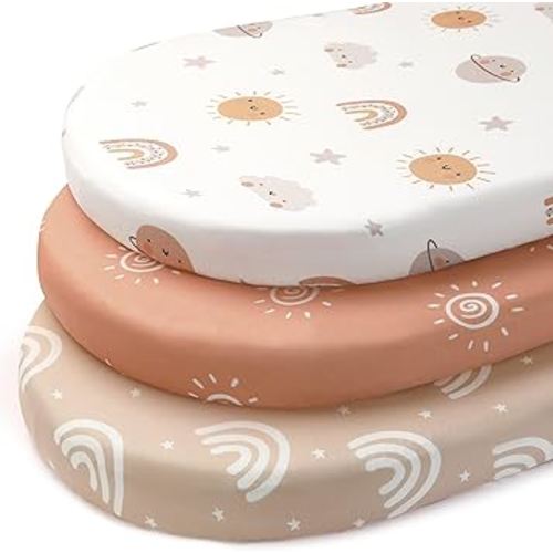 Baby Bassinet Sheets, 3 Pack Fitted Bassinet Mattress Sheets, Compatible with Halo Bassinest Swivel Sleeper & Oval Hourglass Rectangle Mattress, Ultra Soft Orange Sun Rainbow