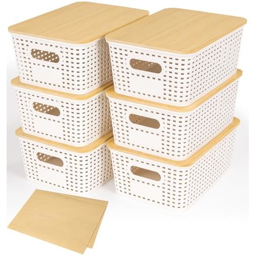 Criusia 6 Pack Plastic Storage Baskets With Bamboo Lid, Stackable Storage Baskets for Organizing Desktop Closet Shelves Drawers Pantry Organization Office Playroom Classroom