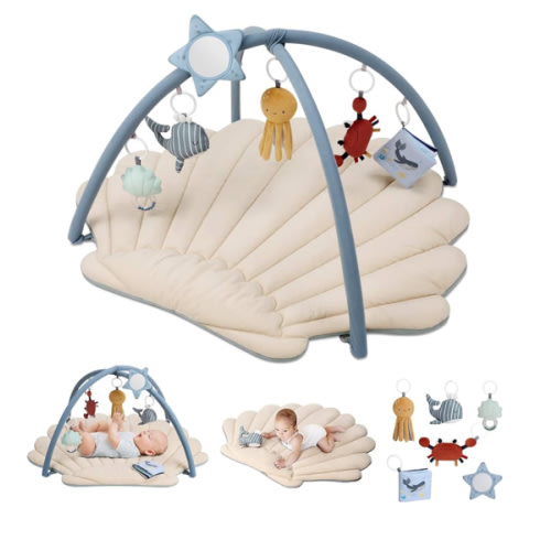 Blissful Diary Shell Baby Play Gym Mat, Softer & Enlarged Tummy Time Mat w 6 Detachable Toys for Sensory & Motor Skill Development, Activity Mat for Newborn Essentials Shower Gift, Boho Ocean Theme